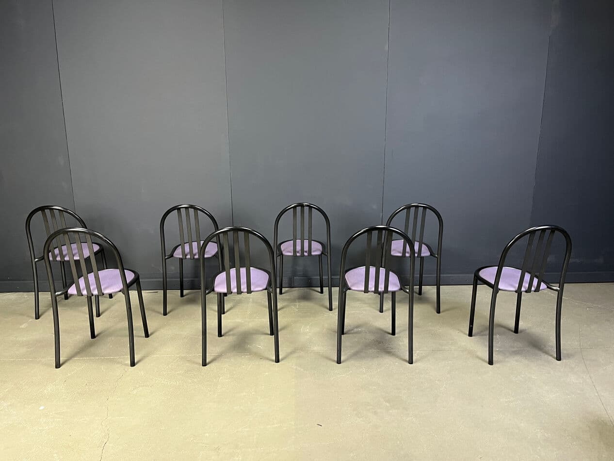 Set of eight chairs Nr 222, purple skai, black metal, by R. Mallet-Stevens, Belgium, 1980s. - 329463
