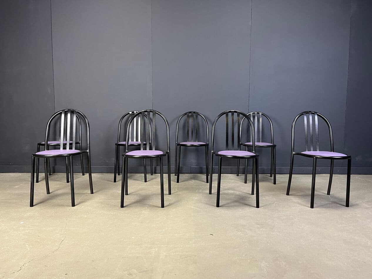 Set of eight chairs Nr 222, purple skai, black metal, by R. Mallet-Stevens, Belgium, 1980s. - 329460