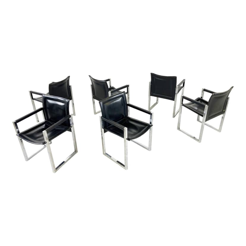 Set of Six Dining Chairs, black leather, chrome, Arrben, Italy, 1980s