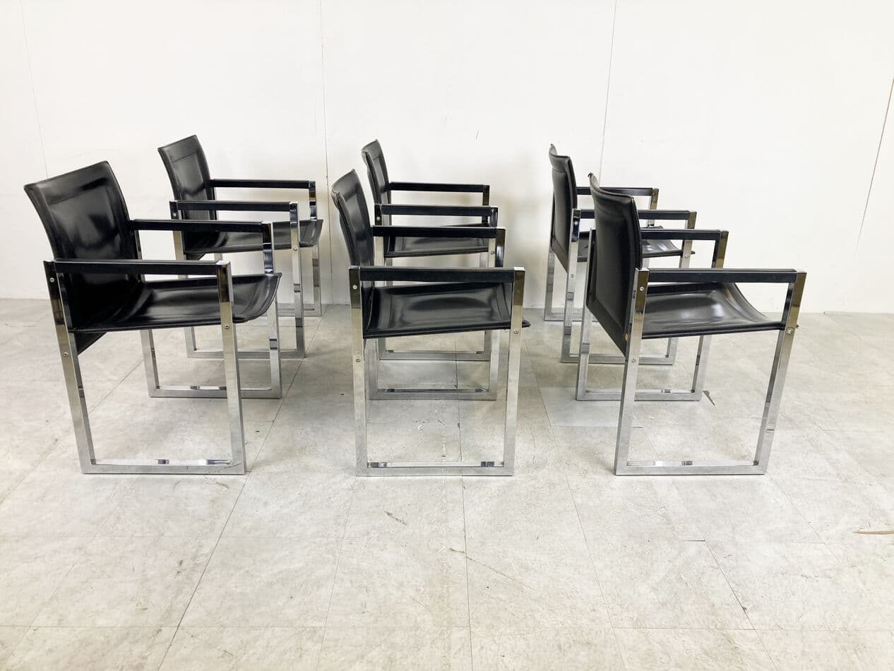 Set of Six Dining Chairs, black leather, chrome, Arrben, Italy, 1980s - 329456