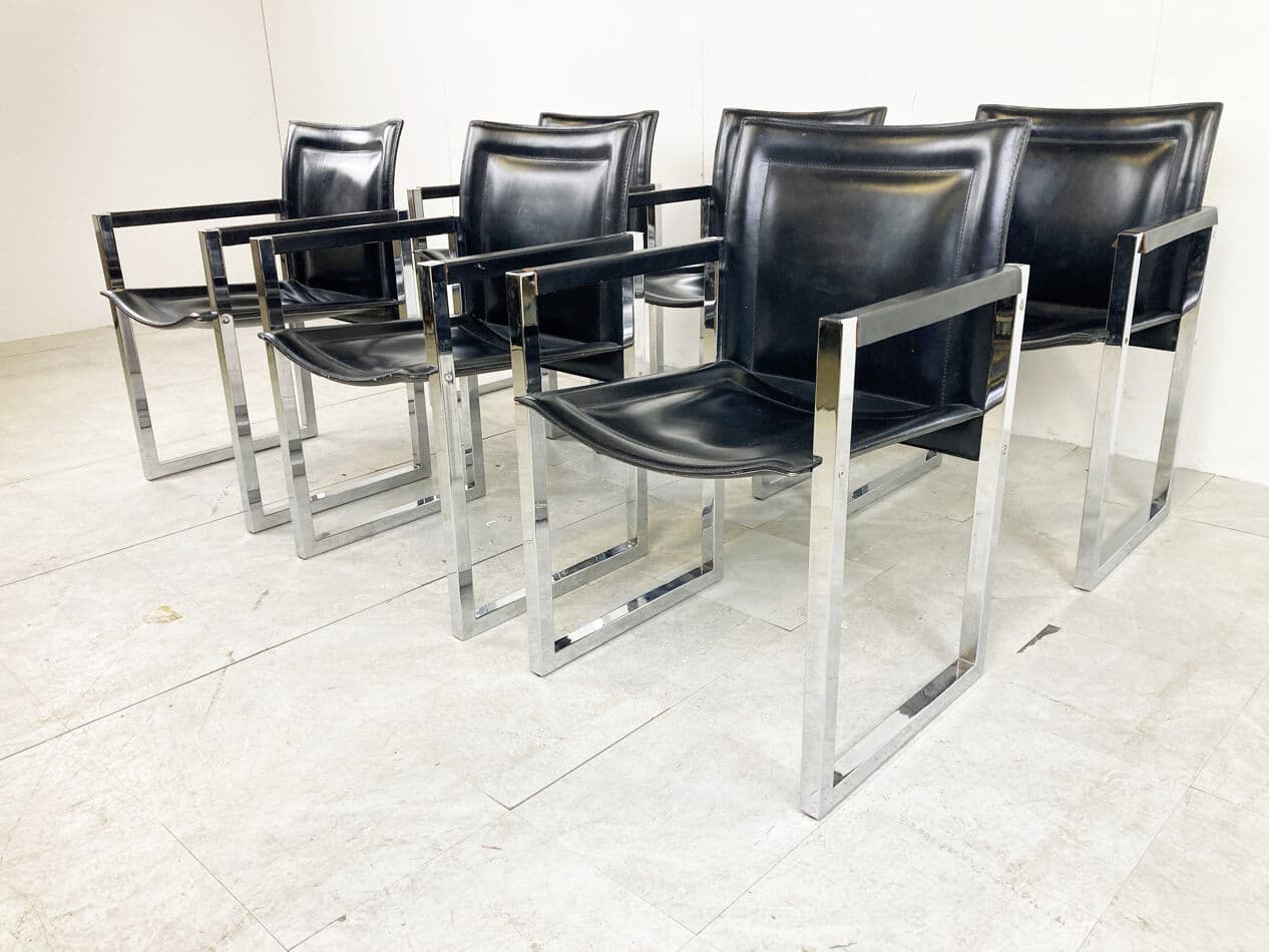 Set of Six Dining Chairs, black leather, chrome, Arrben, Italy, 1980s - 329451