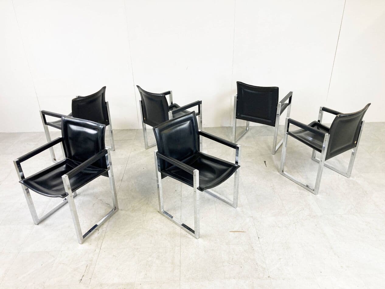 Set of Six Dining Chairs, black leather, chrome, Arrben, Italy, 1980s - 329449