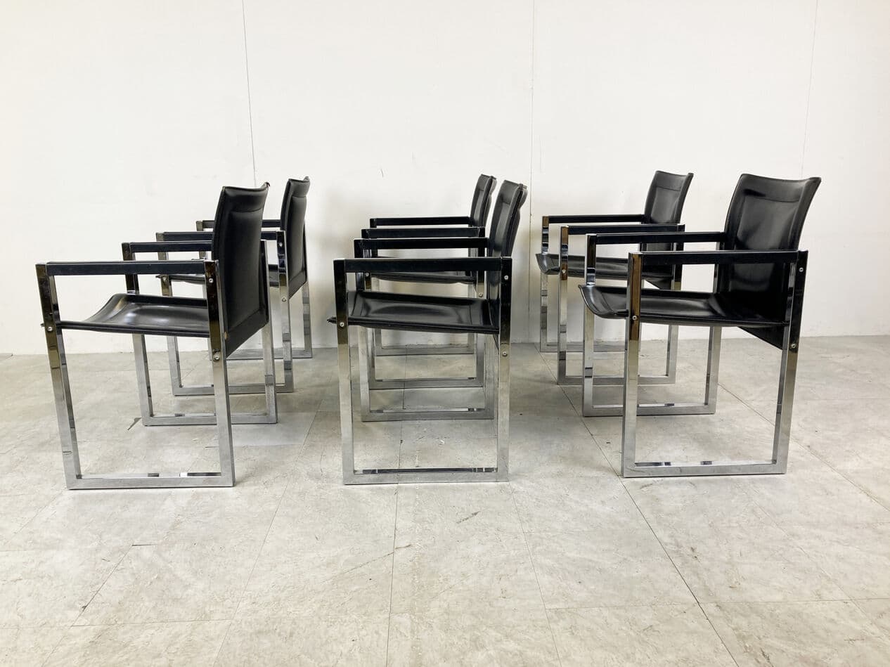Set of Six Dining Chairs, black leather, chrome, Arrben, Italy, 1980s - 329453