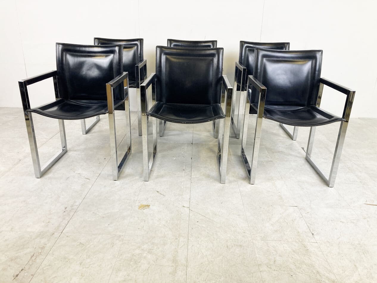 Set of Six Dining Chairs, black leather, chrome, Arrben, Italy, 1980s - 329448