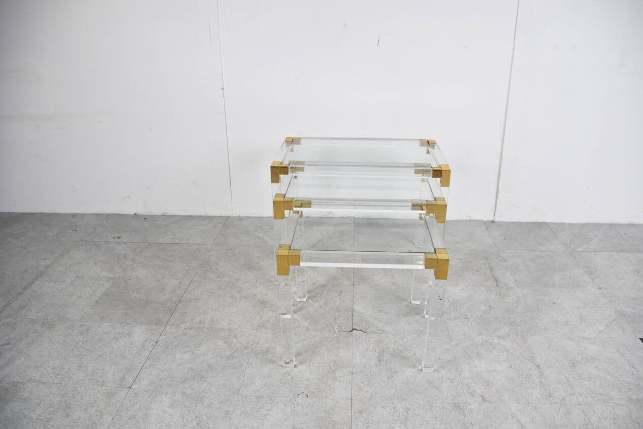 Set of three nesting tables, transparent lucite, brass, glass, Belgium, 1970s. - 329417