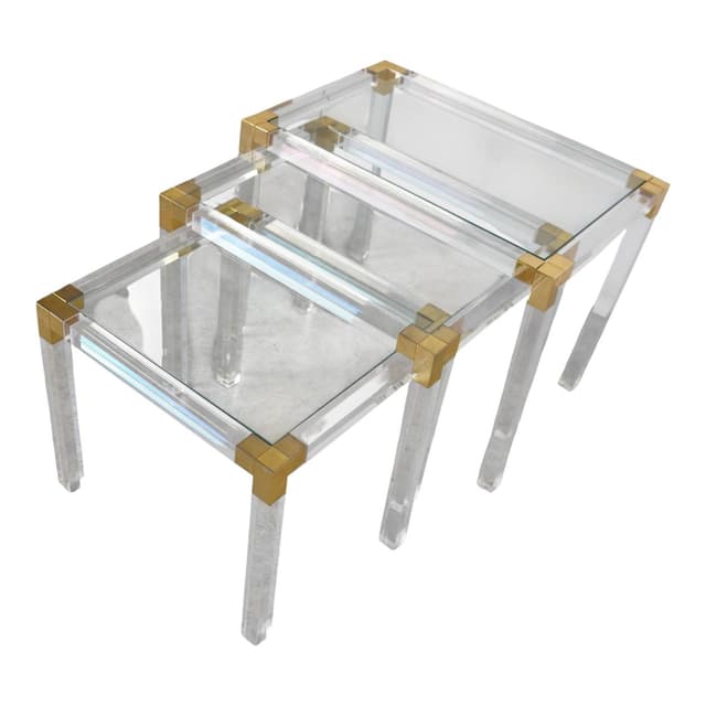 Set of three nesting tables, transparent lucite, brass, glass, Belgium, 1970s. - DIMENSION
