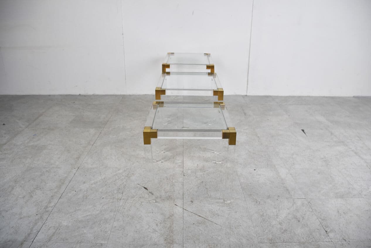 Set of three nesting tables, transparent lucite, brass, glass, Belgium, 1970s. - 329415