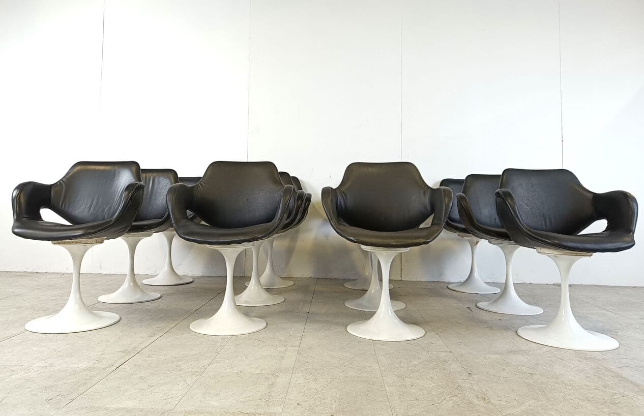 Set of twelve Tulip dining chairs, black leatherette, white metal, by B. Tabacoff, France, 1960s - 329397