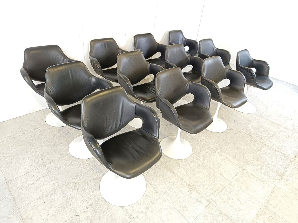 Set of twelve Tulip dining chairs, black leatherette, white metal, by B. Tabacoff, France, 1960s - 329395
