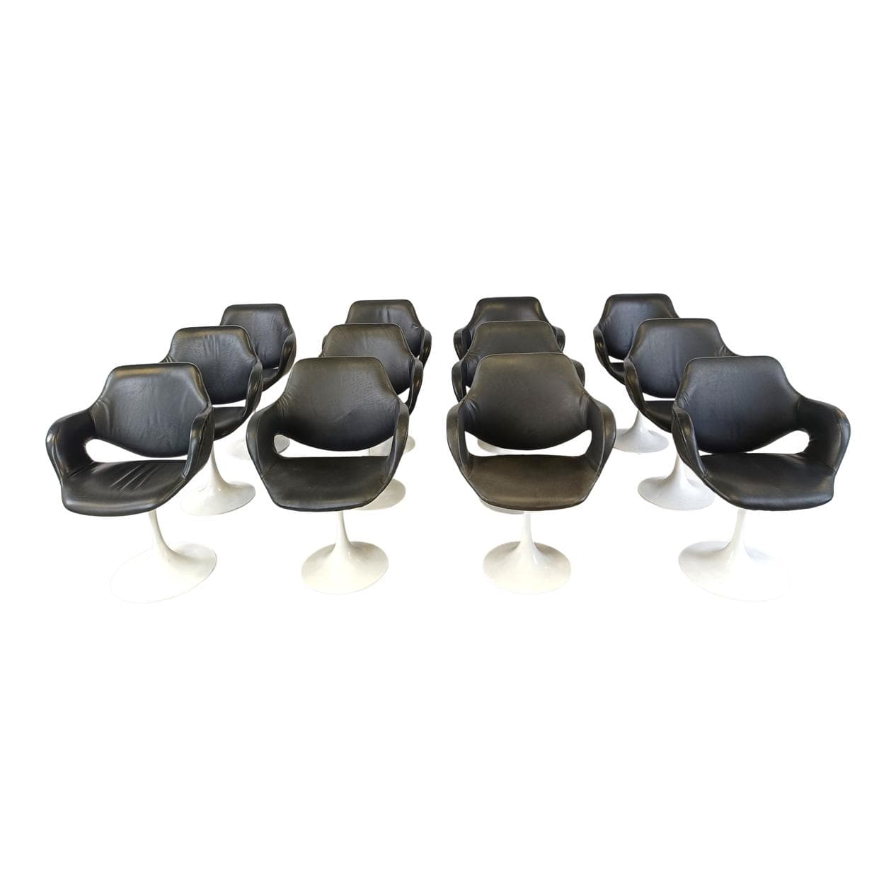 Set of twelve Tulip dining chairs, black leatherette, white metal, by B. Tabacoff, France, 1960s