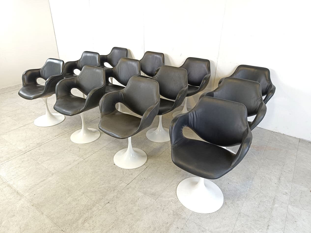 Set of twelve Tulip dining chairs, black leatherette, white metal, by B. Tabacoff, France, 1960s - 329392