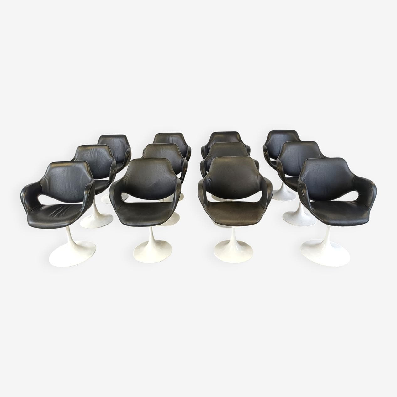 Set of twelve Tulip dining chairs, black leatherette, white metal, by B. Tabacoff, France, 1960s - 329399