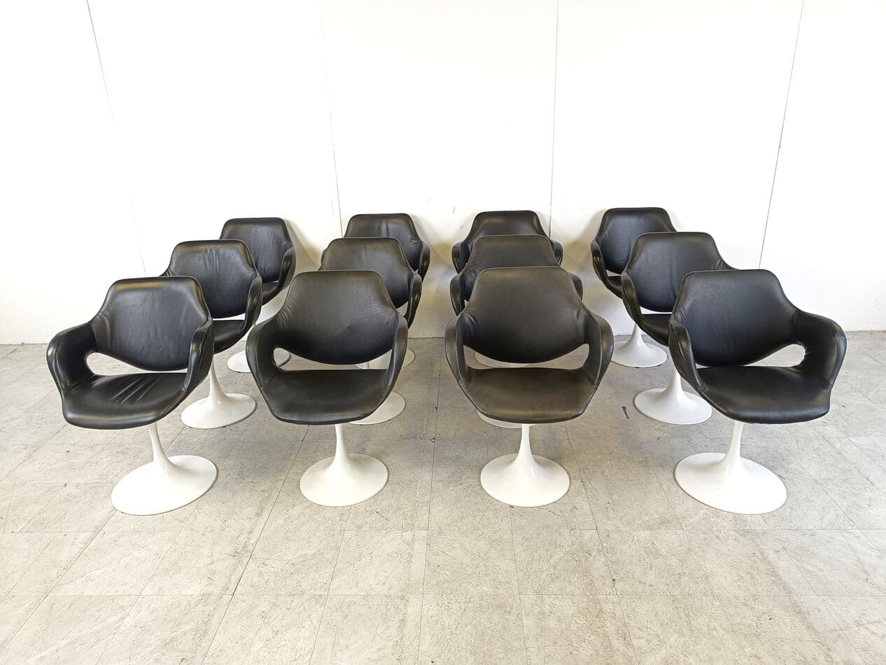 Set of twelve Tulip dining chairs, black leatherette, white metal, by B. Tabacoff, France, 1960s - 329398
