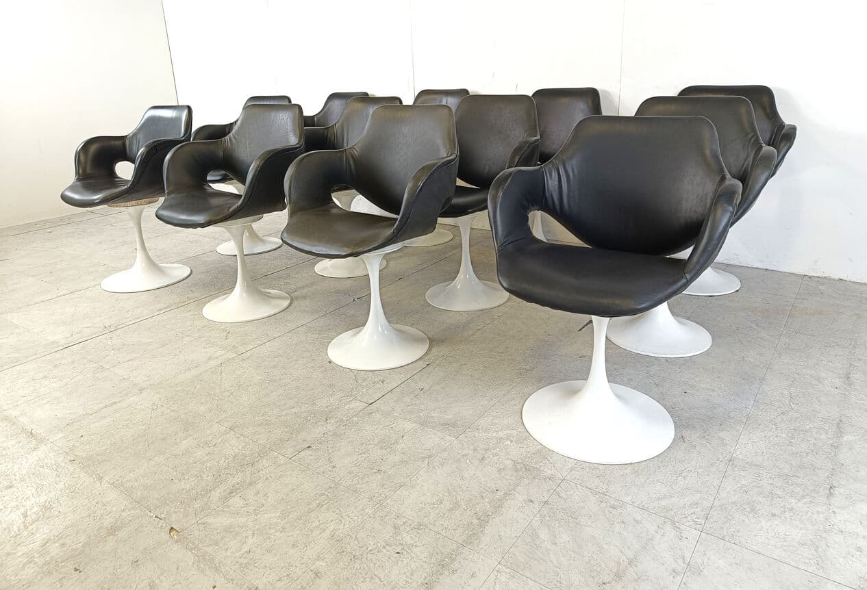 Set of twelve Tulip dining chairs, black leatherette, white metal, by B. Tabacoff, France, 1960s - 329393