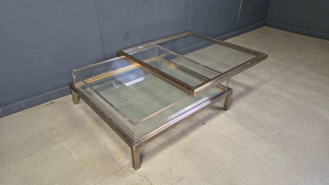 Stolik kawowy, srebrny stal polerowana, mosiądz złoty, szkło transparentne, plexi transparentne, Belgia, lata 70. - 329387