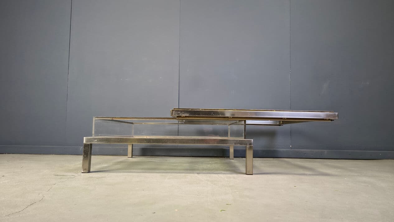 Stolik kawowy, srebrny stal polerowana, mosiądz złoty, szkło transparentne, plexi transparentne, Belgia, lata 70. - 329390