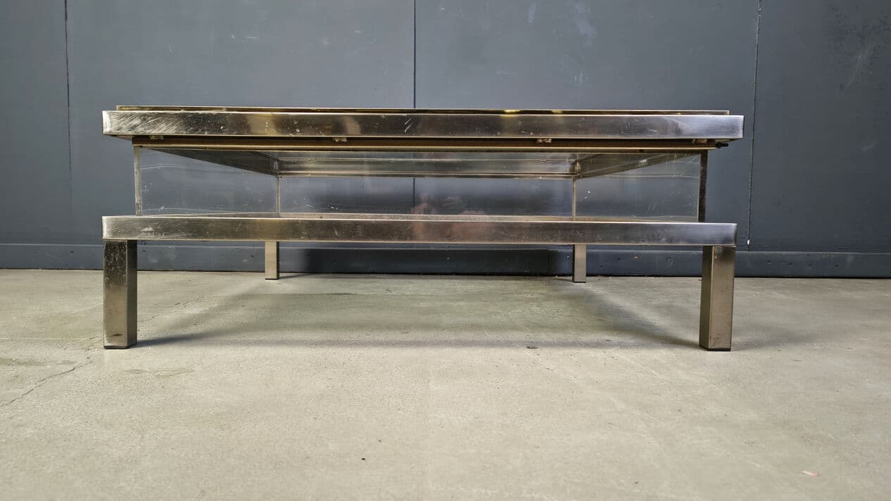Stolik kawowy, srebrny stal polerowana, mosiądz złoty, szkło transparentne, plexi transparentne, Belgia, lata 70. - 329385