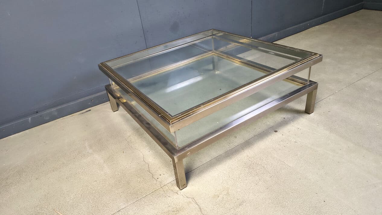 Stolik kawowy, srebrny stal polerowana, mosiądz złoty, szkło transparentne, plexi transparentne, Belgia, lata 70. - 329384