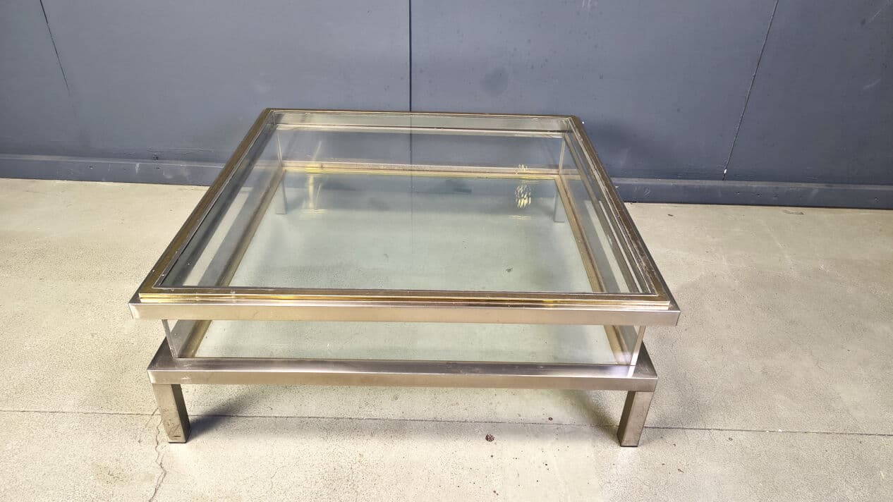 Stolik kawowy, srebrny stal polerowana, mosiądz złoty, szkło transparentne, plexi transparentne, Belgia, lata 70. - 329380