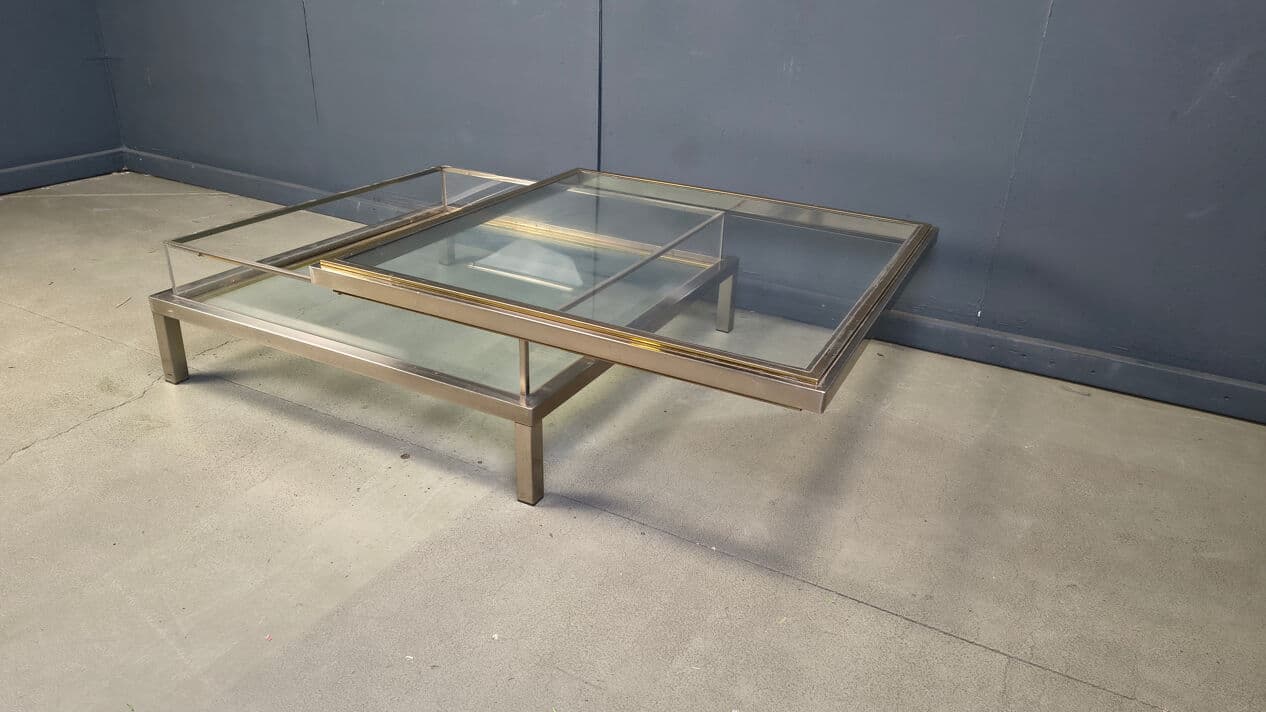 Stolik kawowy, srebrny stal polerowana, mosiądz złoty, szkło transparentne, plexi transparentne, Belgia, lata 70. - 329389