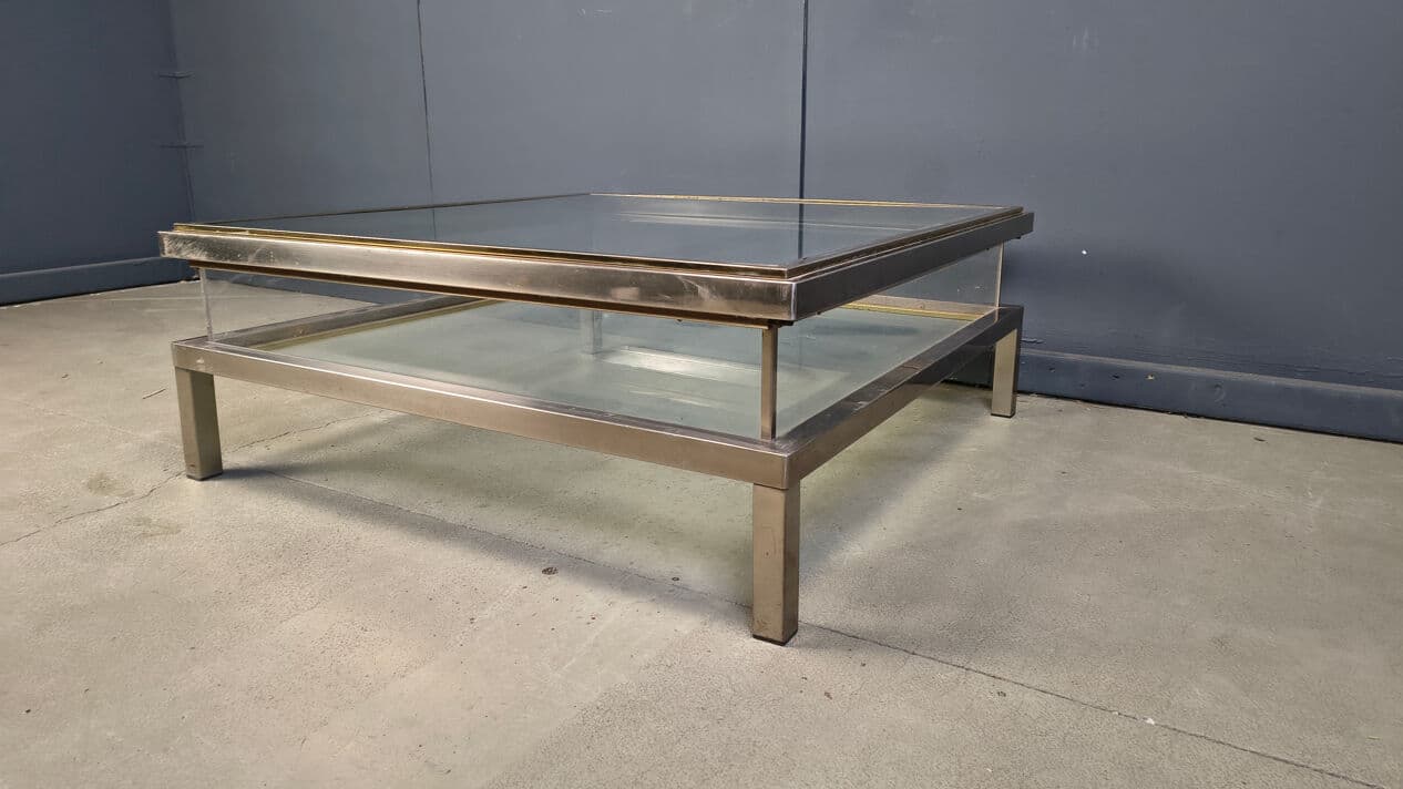 Stolik kawowy, srebrny stal polerowana, mosiądz złoty, szkło transparentne, plexi transparentne, Belgia, lata 70. - 329388