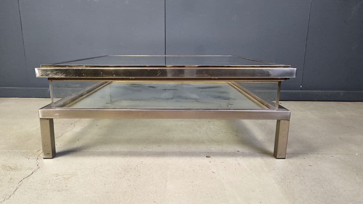 Stolik kawowy, srebrny stal polerowana, mosiądz złoty, szkło transparentne, plexi transparentne, Belgia, lata 70. - 329383