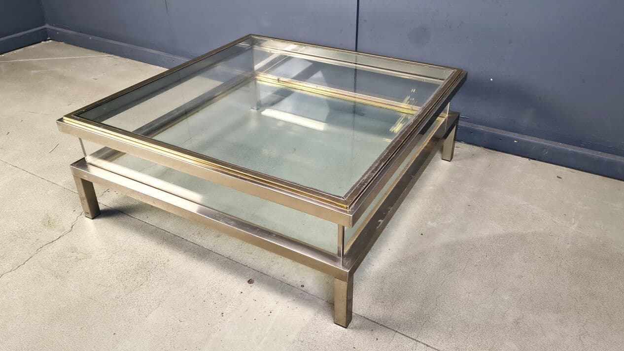 Stolik kawowy, srebrny stal polerowana, mosiądz złoty, szkło transparentne, plexi transparentne, Belgia, lata 70. - 329386
