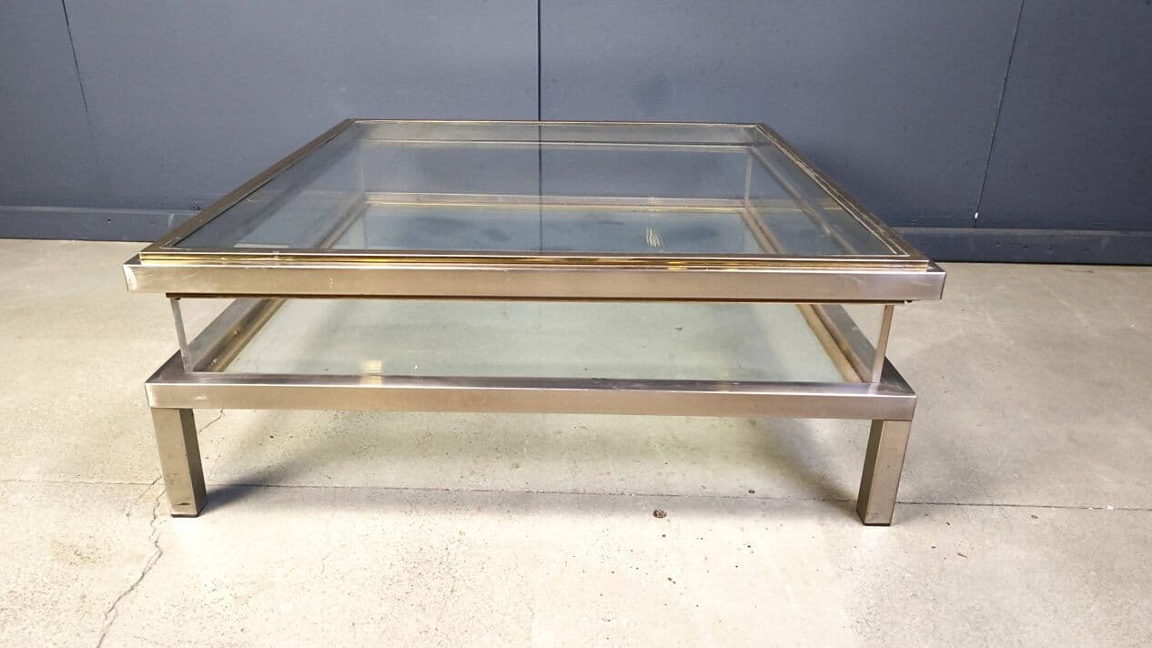 Stolik kawowy, srebrny stal polerowana, mosiądz złoty, szkło transparentne, plexi transparentne, Belgia, lata 70. - 329381