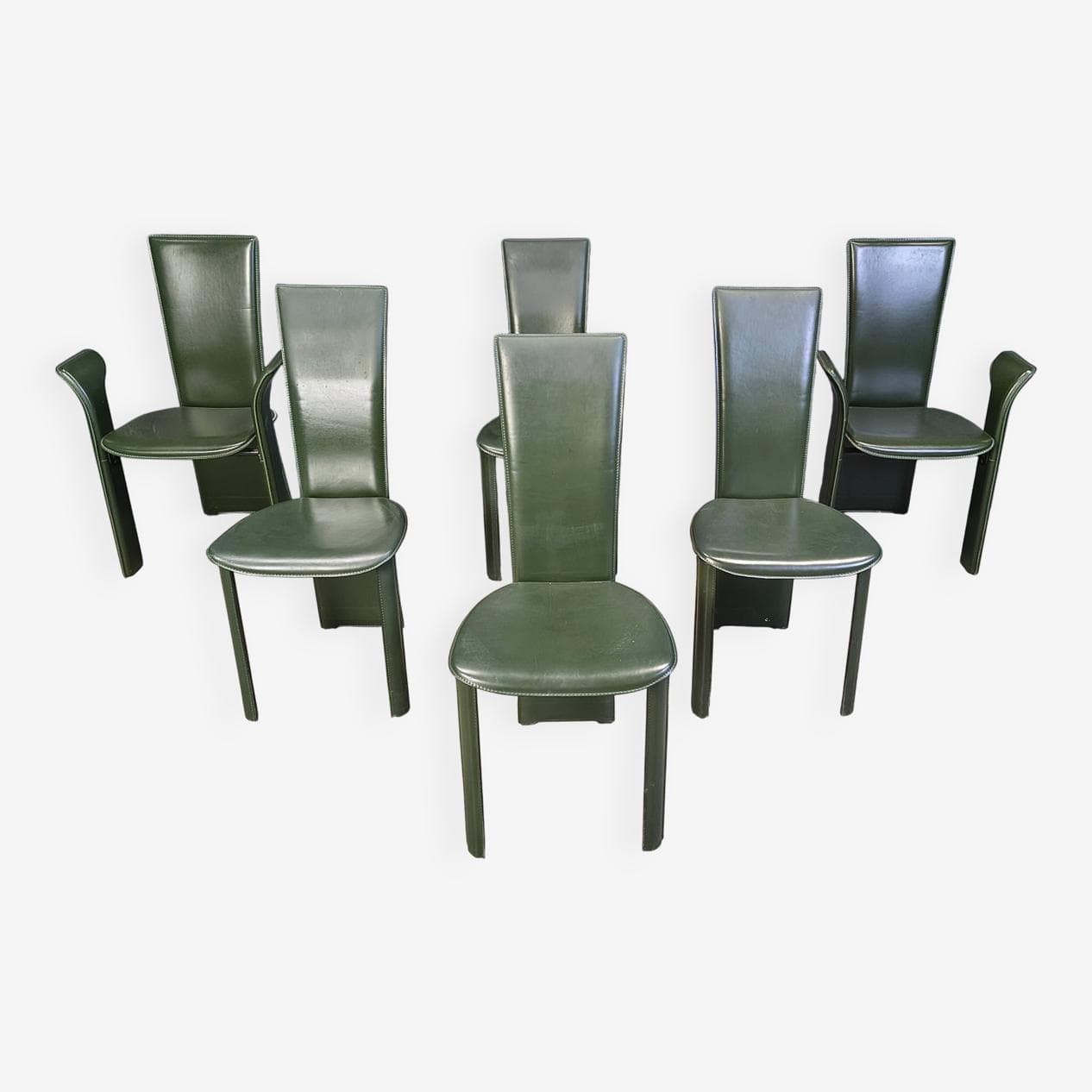 Set of six dining chairs, green leather, by P. Costantini, Italy, 1980s. - 329370
