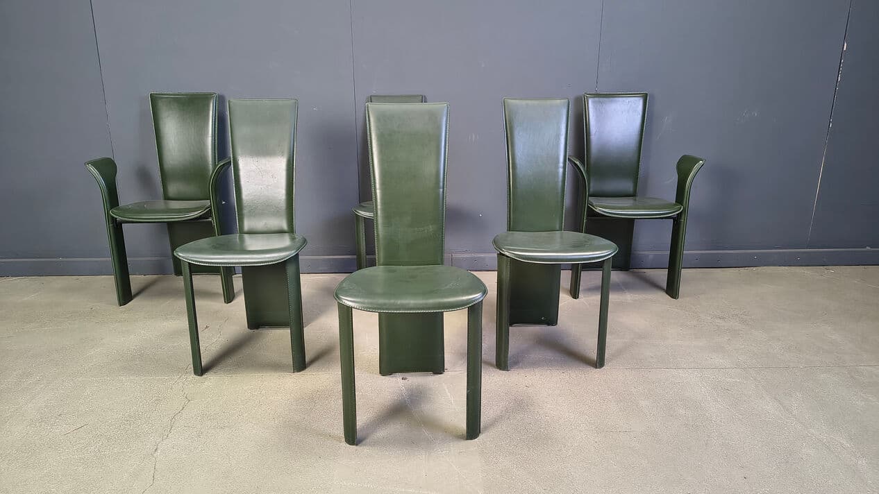 Set of six dining chairs, green leather, by P. Costantini, Italy, 1980s. - 329368