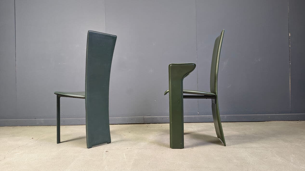 Set of six dining chairs, green leather, by P. Costantini, Italy, 1980s. - 329378