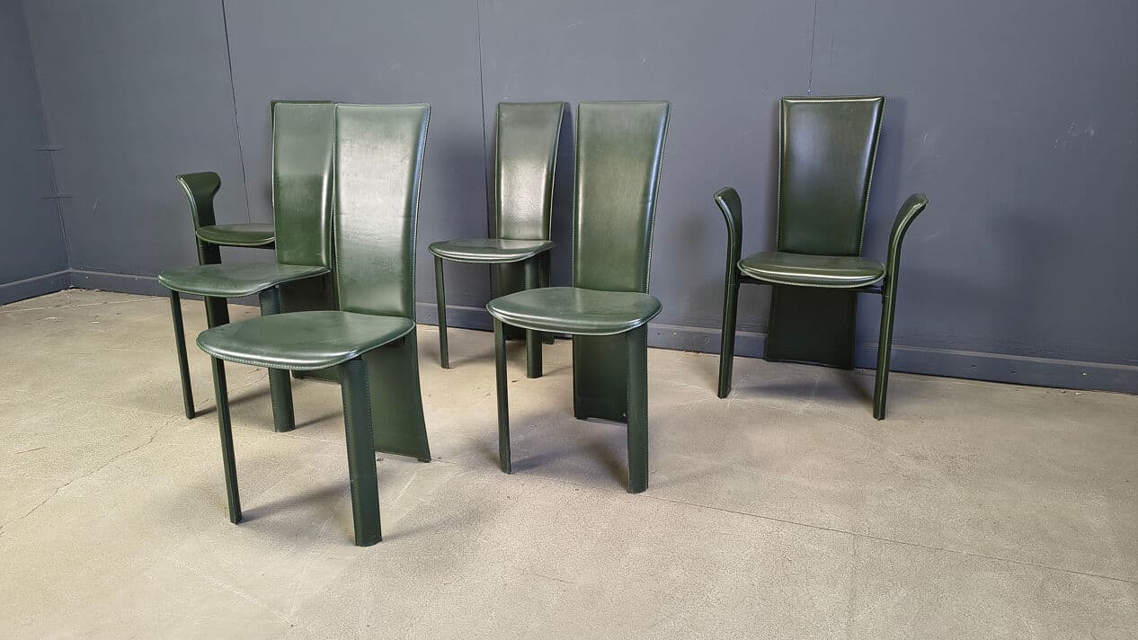 Set of six dining chairs, green leather, by P. Costantini, Italy, 1980s. - 329374