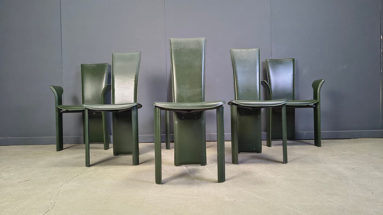 Set of six dining chairs, green leather, by P. Costantini, Italy, 1980s. - 329372