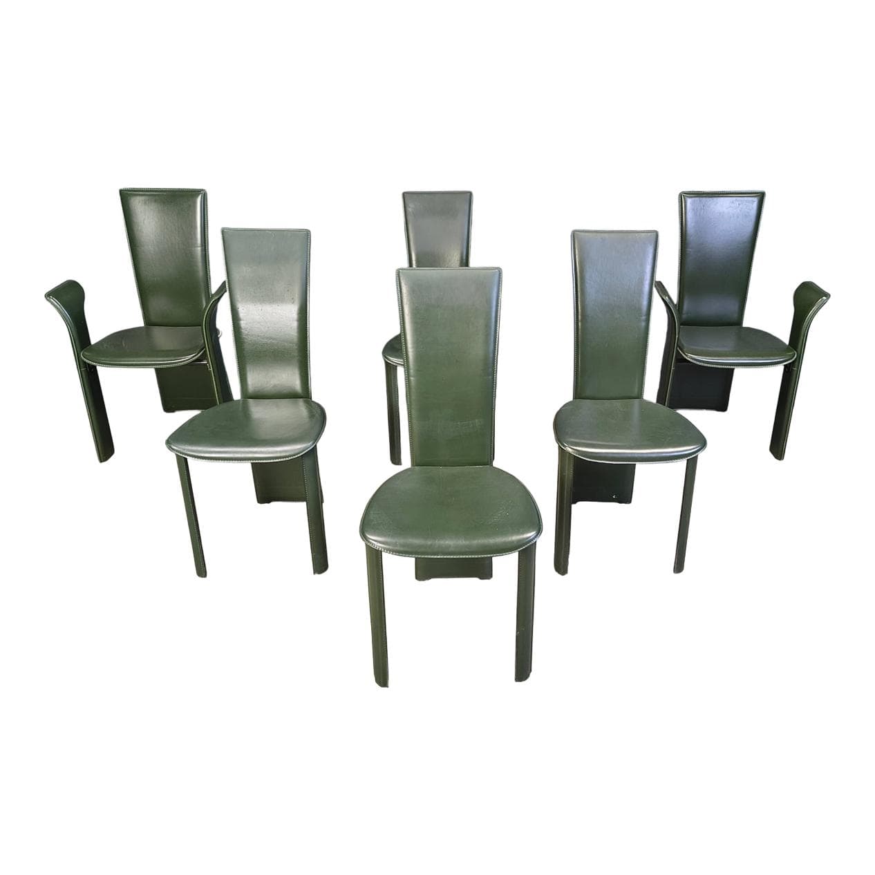 Set of six dining chairs, green leather, by P. Costantini, Italy, 1980s.