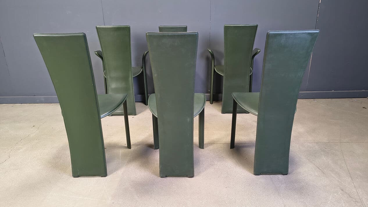 Set of six dining chairs, green leather, by P. Costantini, Italy, 1980s. - 329377