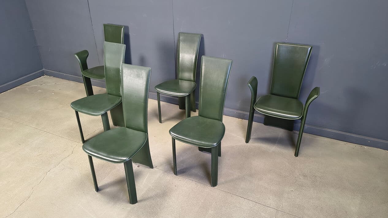 Set of six dining chairs, green leather, by P. Costantini, Italy, 1980s. - 329375