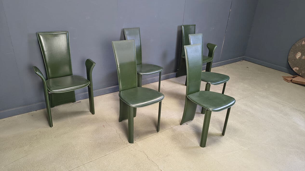 Set of six dining chairs, green leather, by P. Costantini, Italy, 1980s. - 329371