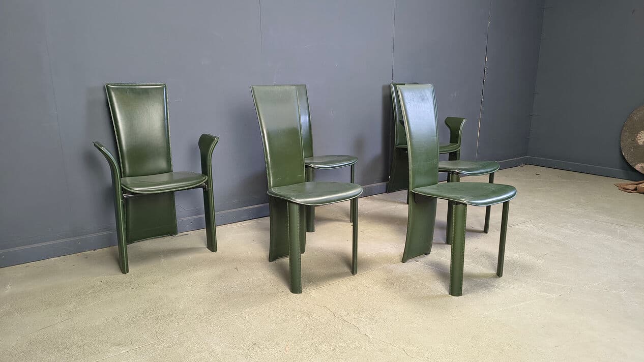 Set of six dining chairs, green leather, by P. Costantini, Italy, 1980s. - 329373