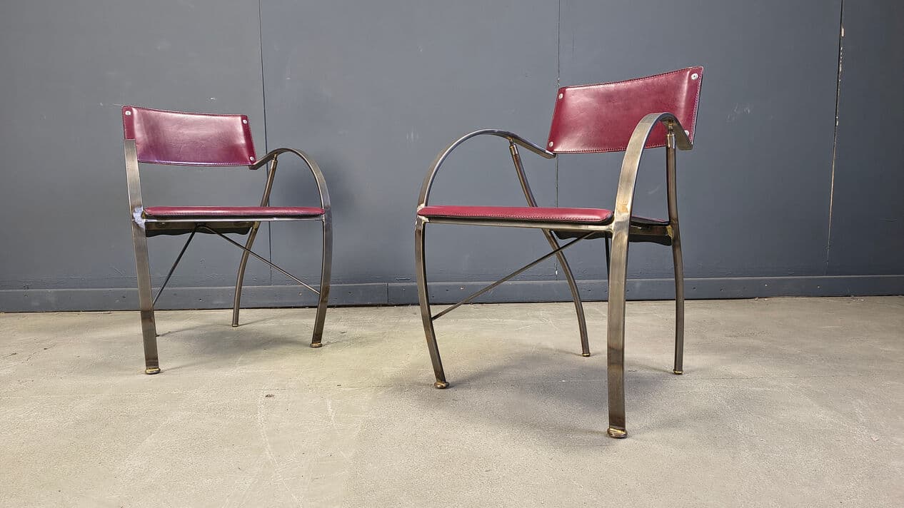 Set of six dining chairs, purple leather, brushed grey steel, Italy, 1980s. - 329347