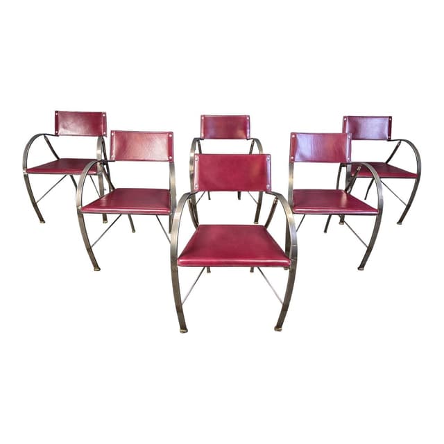 Set of six dining chairs, purple leather, brushed grey steel, Italy, 1980s. - DIMENSION