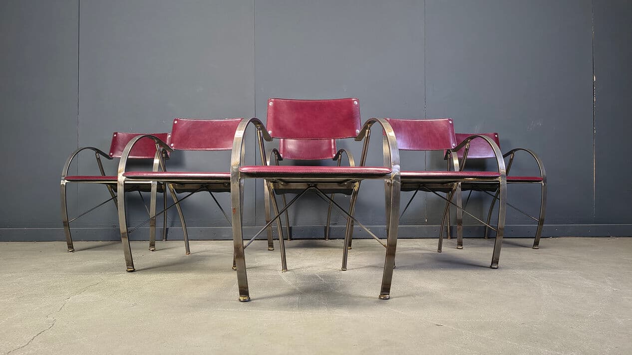 Set of six dining chairs, purple leather, brushed grey steel, Italy, 1980s. - 329350