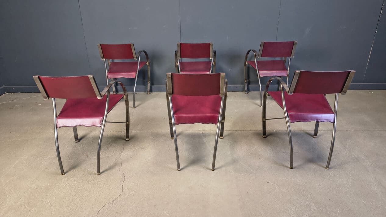 Set of six dining chairs, purple leather, brushed grey steel, Italy, 1980s. - 329355