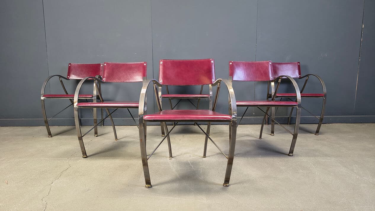 Set of six dining chairs, purple leather, brushed grey steel, Italy, 1980s. - 329349