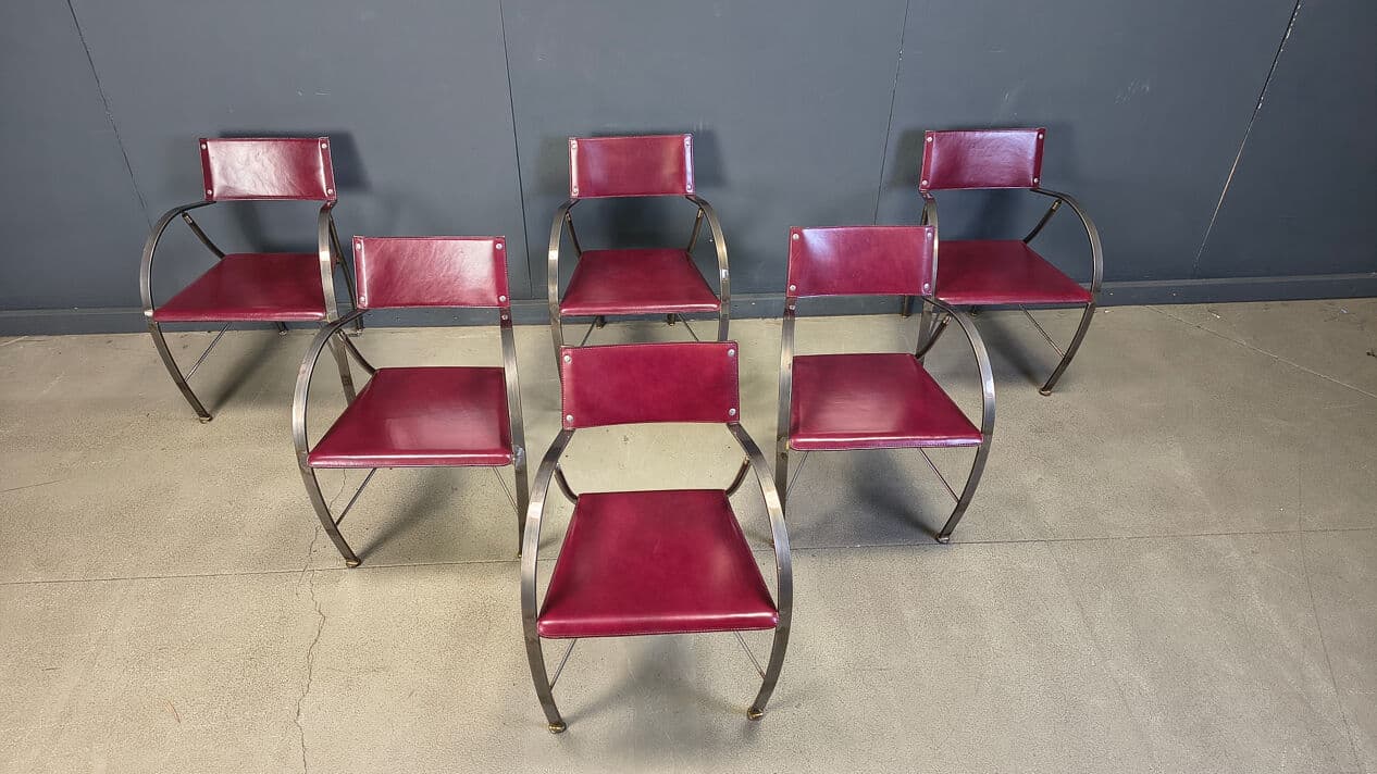 Set of six dining chairs, purple leather, brushed grey steel, Italy, 1980s. - 329353