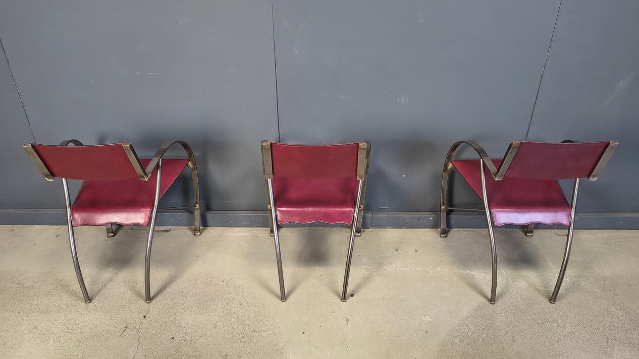 Set of six dining chairs, purple leather, brushed grey steel, Italy, 1980s. - 329354