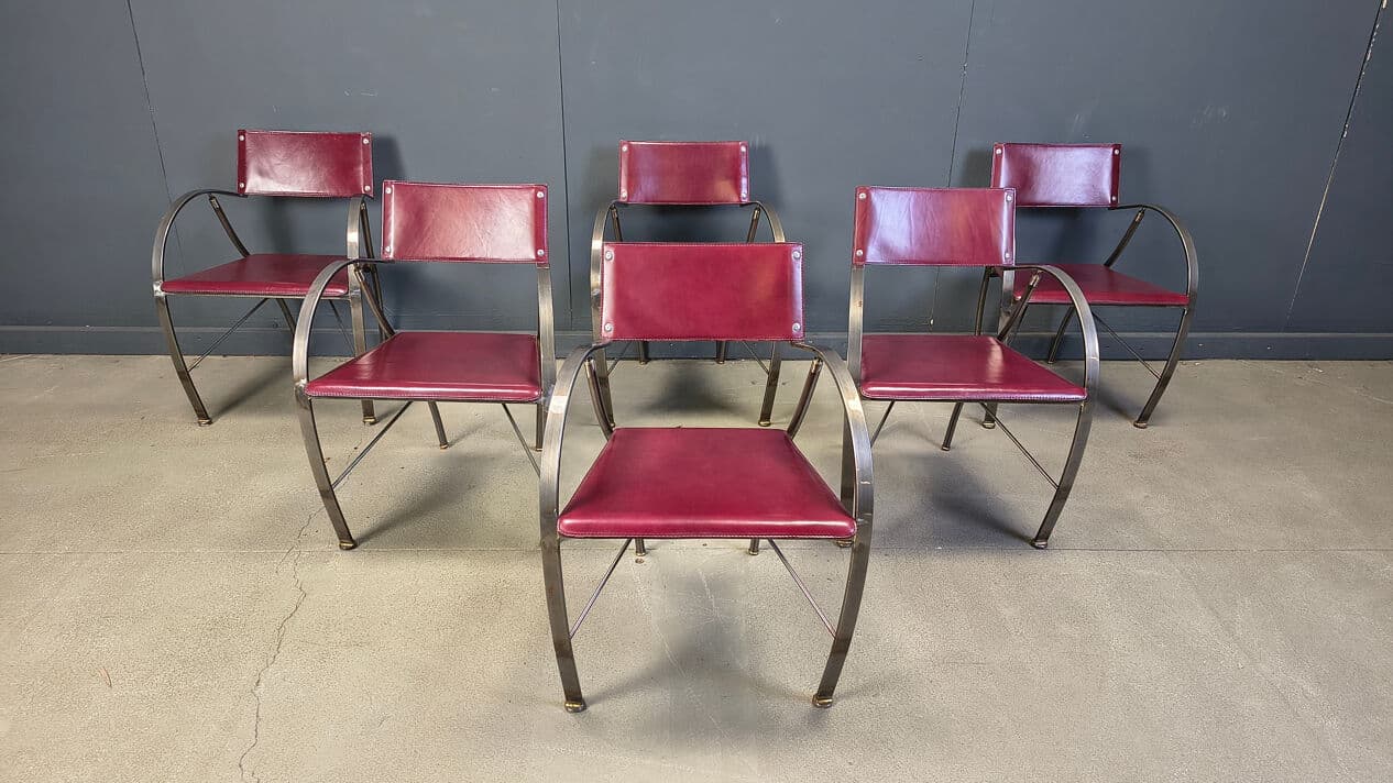 Set of six dining chairs, purple leather, brushed grey steel, Italy, 1980s. - 329346