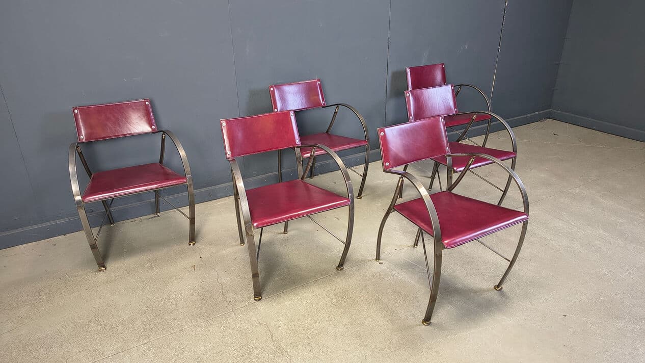 Set of six dining chairs, purple leather, brushed grey steel, Italy, 1980s. - 329351