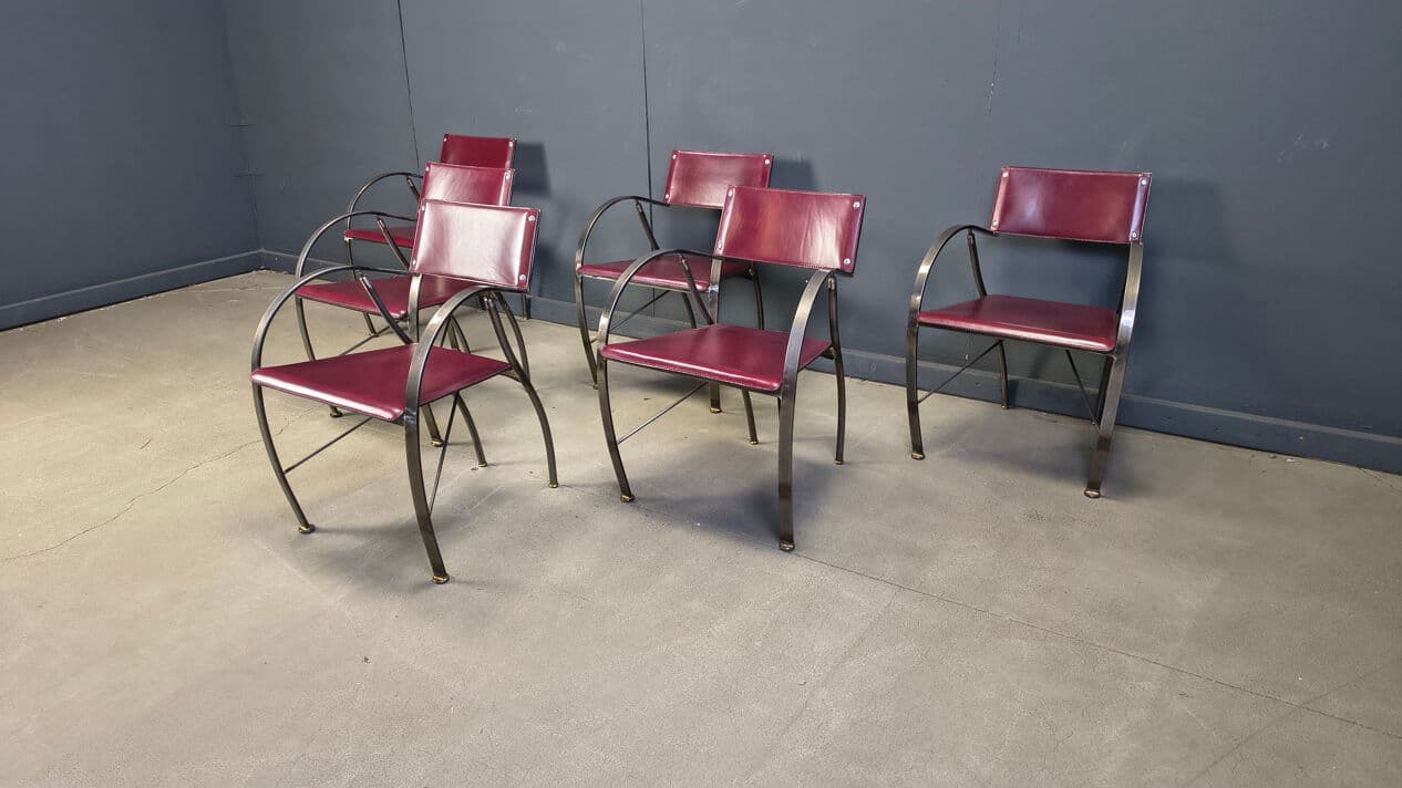 Set of six dining chairs, purple leather, brushed grey steel, Italy, 1980s. - 329352
