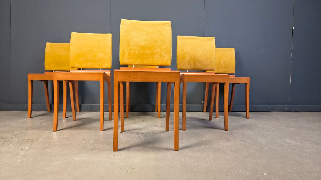 Set of six Finn dining chairs, brown wood, yellow suede, by T. Desombre, Ligne Roset, France, 1990s. - 329338