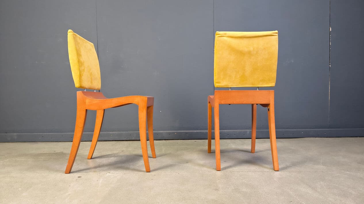 Set of six Finn dining chairs, brown wood, yellow suede, by T. Desombre, Ligne Roset, France, 1990s. - 329335
